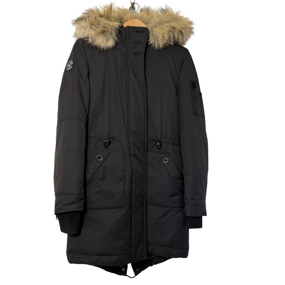 American Eagle Parka Women XS Black Faux Fur Hood Down Fill Fishtail Jacket